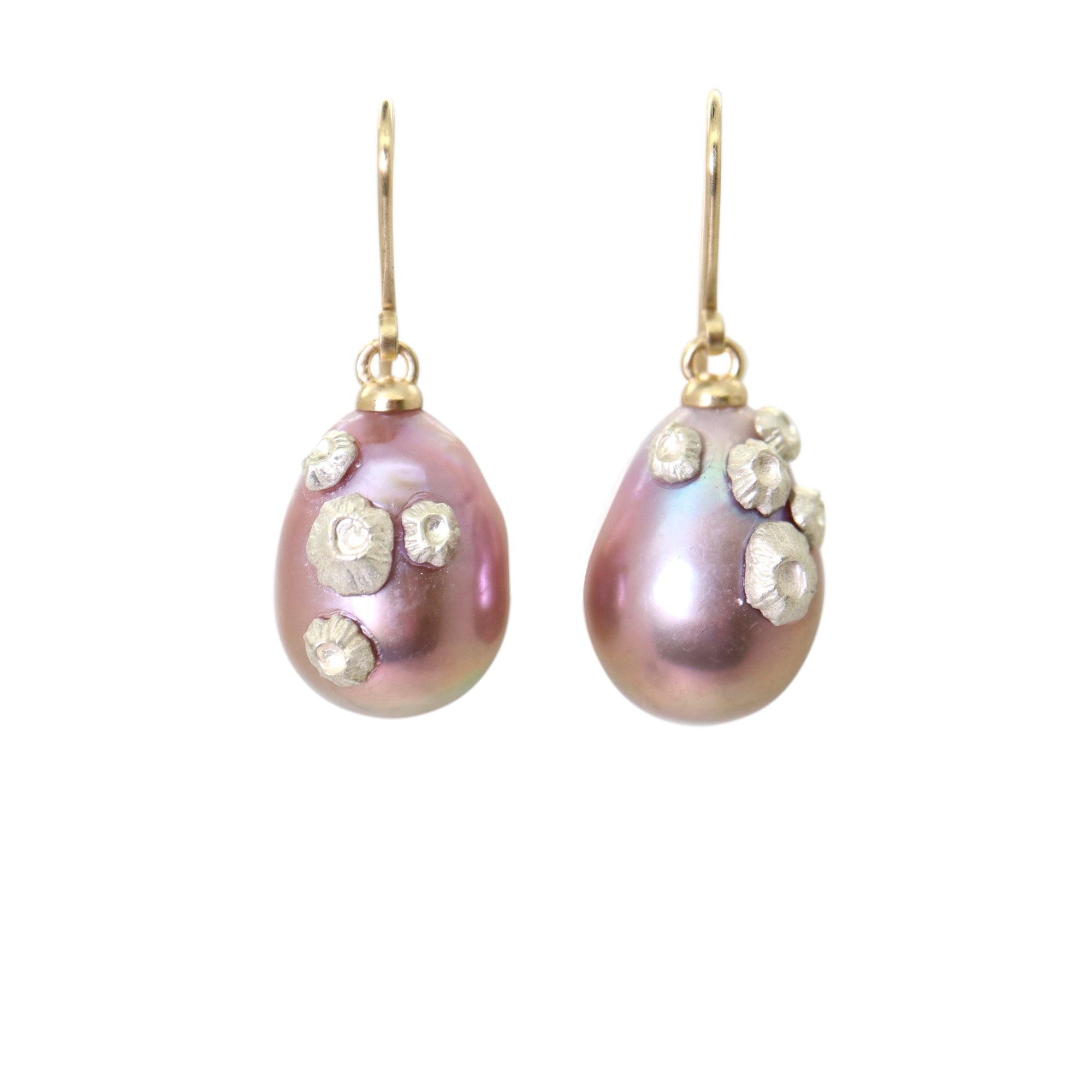 pink freshwater baroque pearl earrings with gold ear wires and silver barnacles by hannah blount jewelry