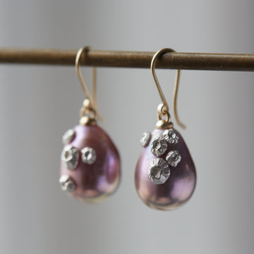 pink freshwater baroque pearl earrings with gold ear wires and silver barnacles by hannah blount jewelry