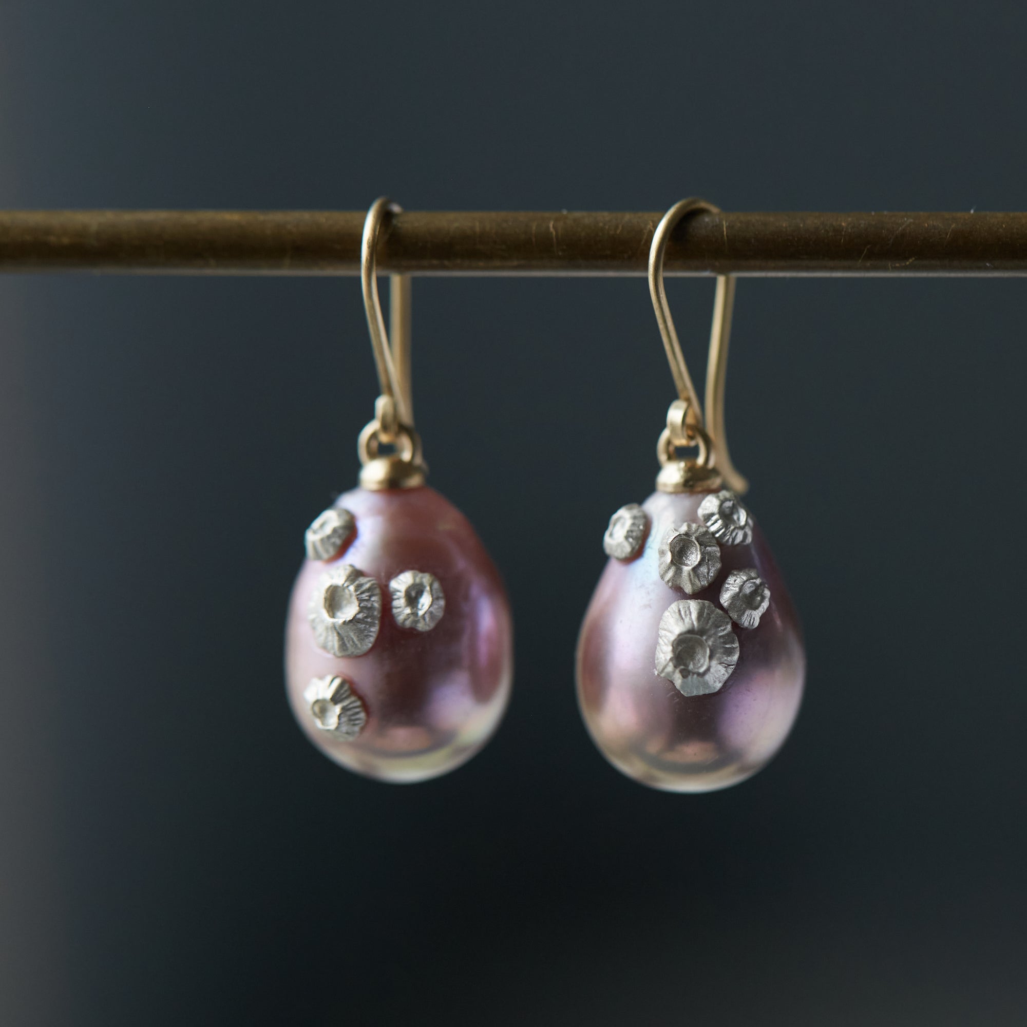 pink freshwater baroque pearl earrings with gold ear wires and silver barnacles by hannah blount jewelry