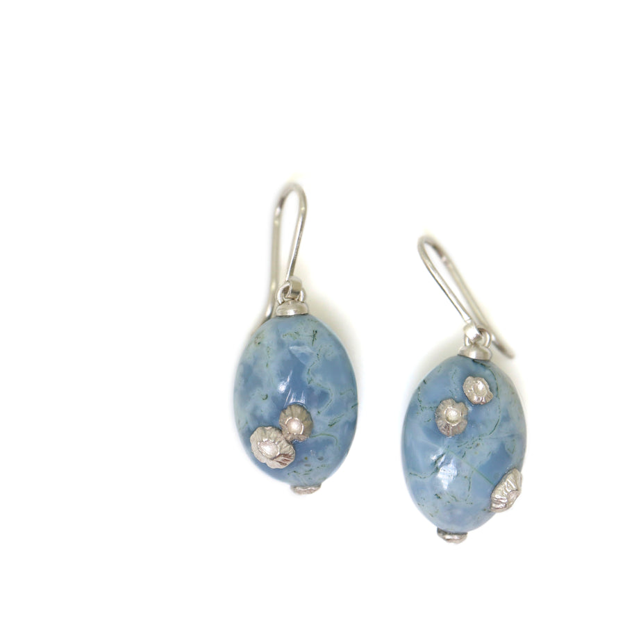Windless Waters Opal Ruthie B. Earrings with silver barnacles by Hannah Blount