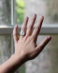 A silver ring with a large, textured circular face is worn on a person's ring finger, with their hand raised in front of a softly blurred window showing green foliage outside.