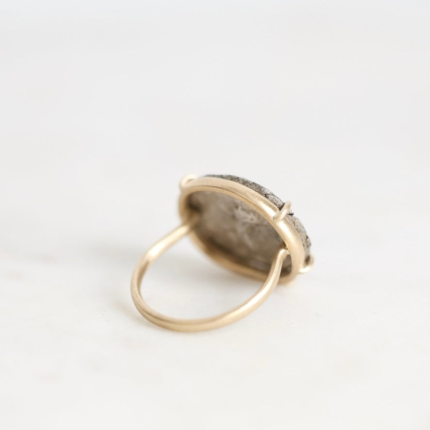 A gold ring with a textured, silver-toned oval face, photographed on a clean white surface.