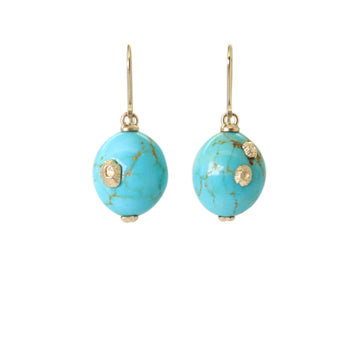 Kingman turquoise Ruthie B. earrings with gold barnacles by Hannah Blount