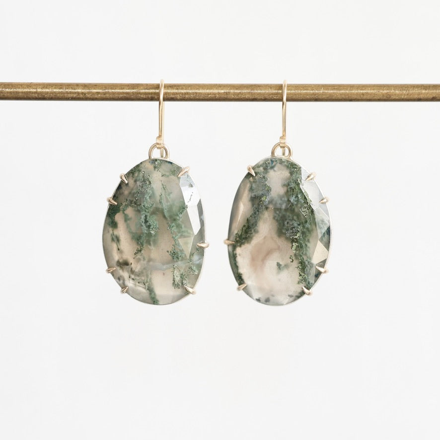 Moss agate earrings in gold prongs