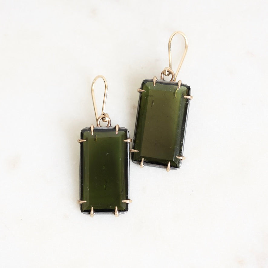 green rectangular shaped stone earrings