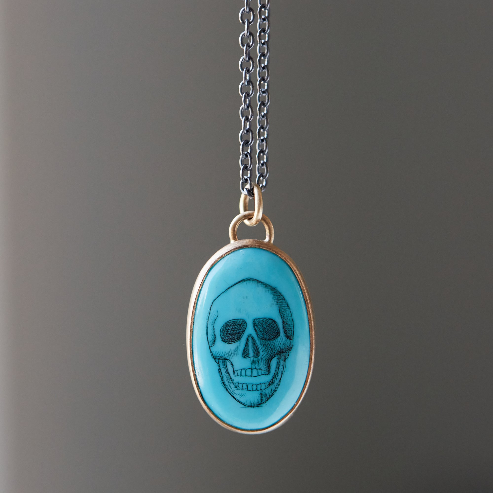Skull scrimshaw on Kingman turquoise - necklace