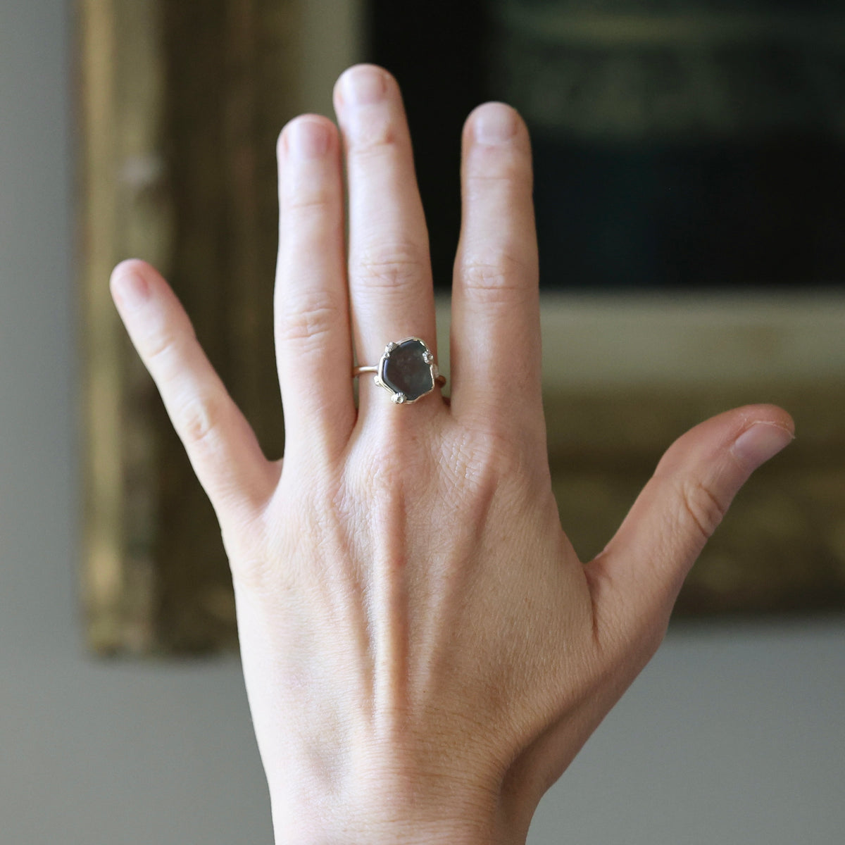 A hand wearing a silver ring with a dark, irregularly shaped stone, set against a softly blurred indoor background.