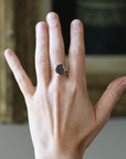 A hand wearing a silver ring with a dark, irregularly shaped stone, set against a softly blurred indoor background.