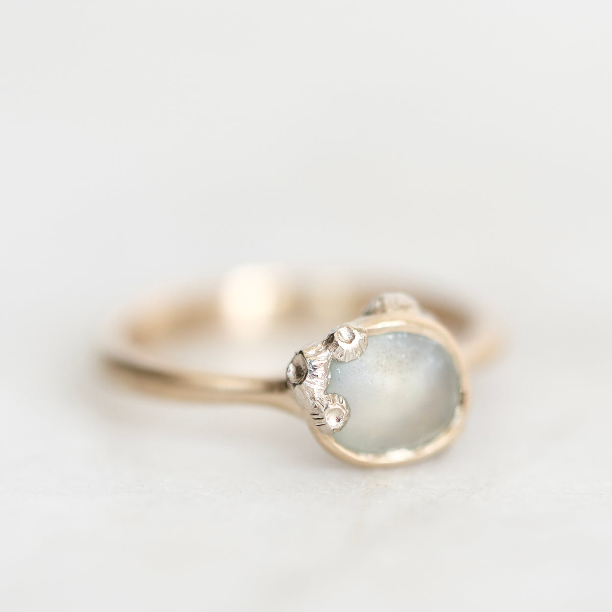 Rough Montana Sapphire set in yellow gold bezel ring with white gold barnacle accents