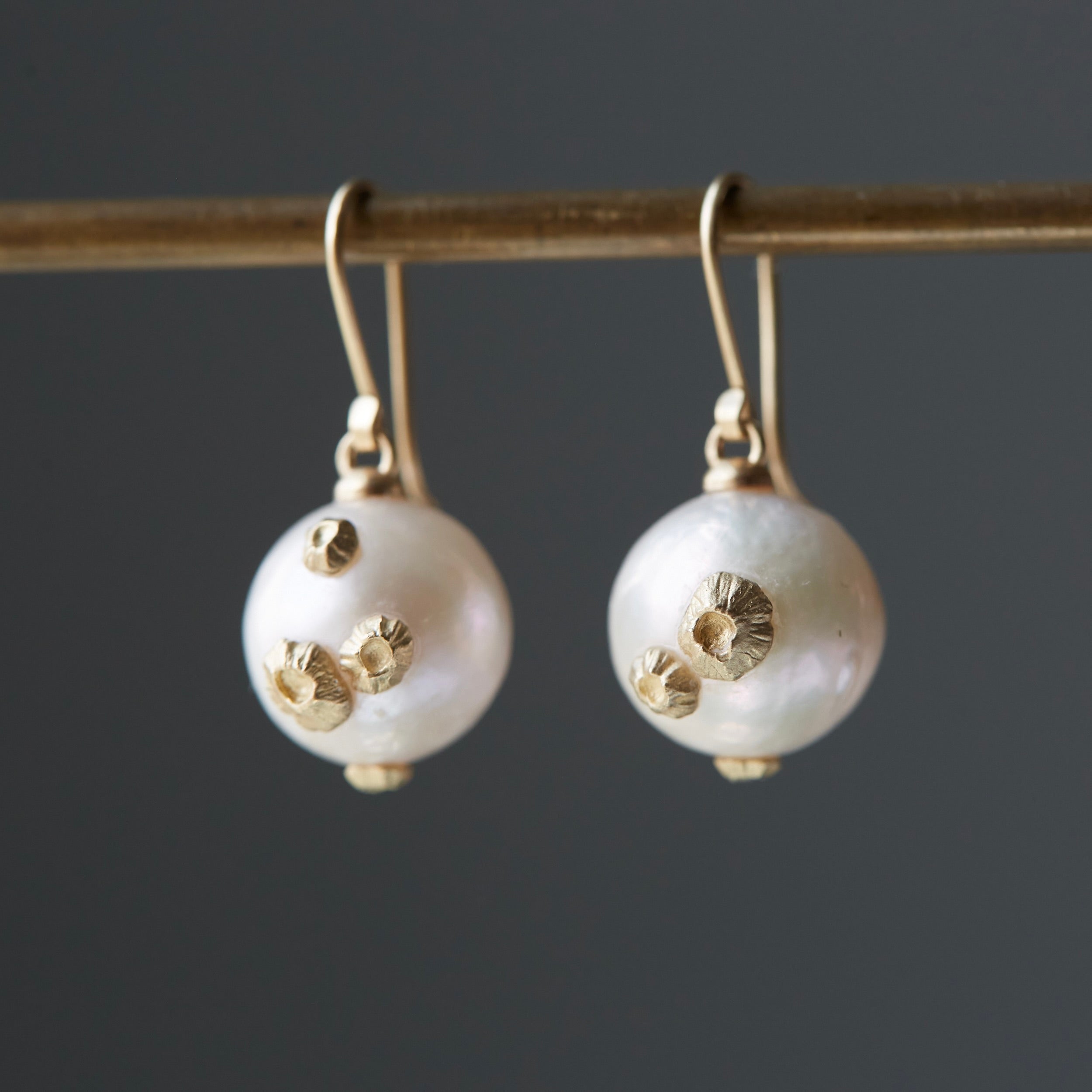 Sea Peach Pearl Ruthie B. Earrings with Barnacles