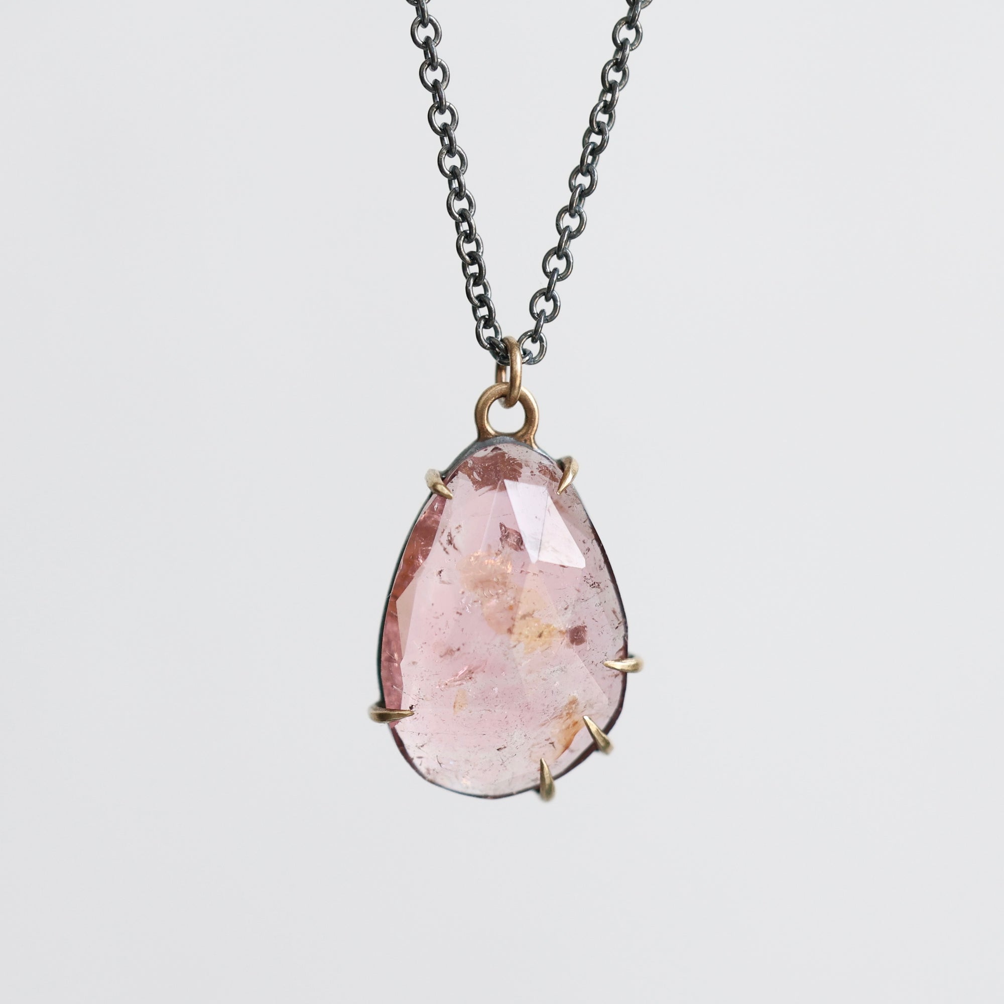 Pink tourmaline necklace on oxidized chain