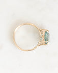 Ring from above. Gold with branchy prongs. Stone is blue background is white. 