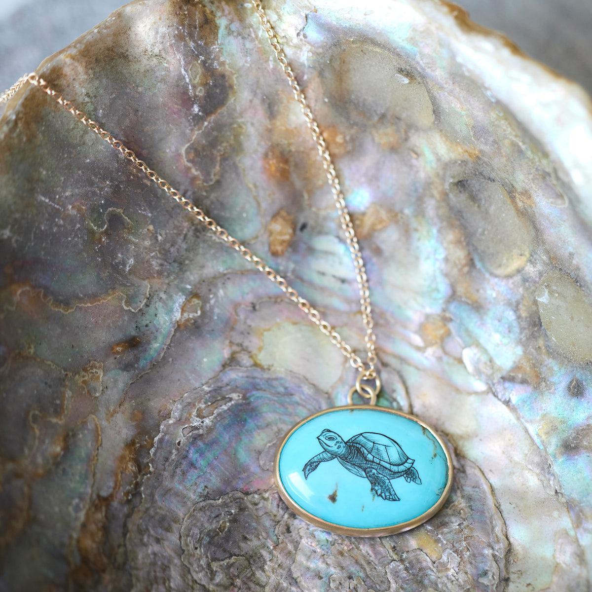 A gold chain necklace with an oval pendant featuring a black turtle illustration on a light turquoise background, displayed on a textured abalone shell.