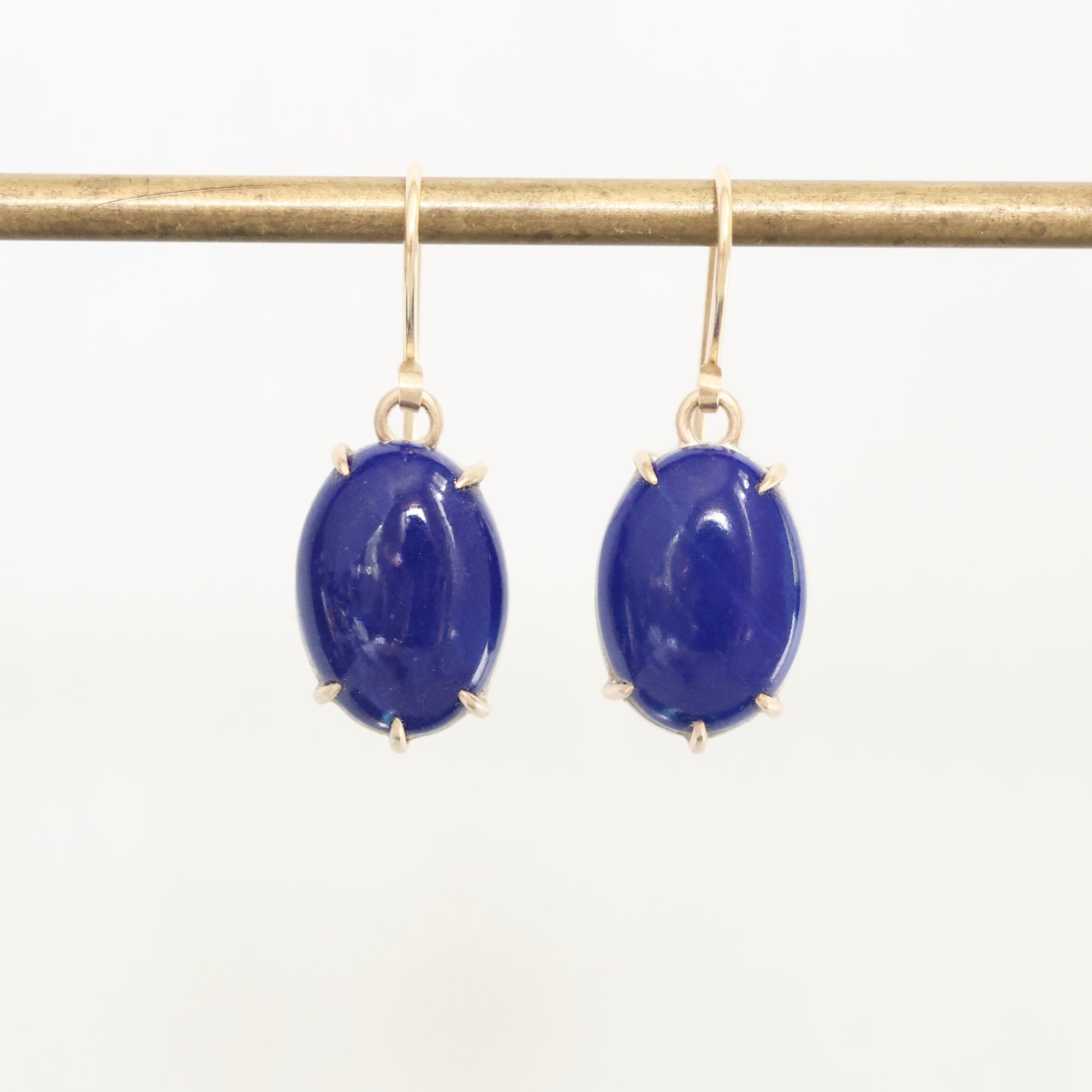 Pair of blue earrings on a gold rod against a white background