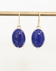 Pair of blue earrings on a gold rod against a white background