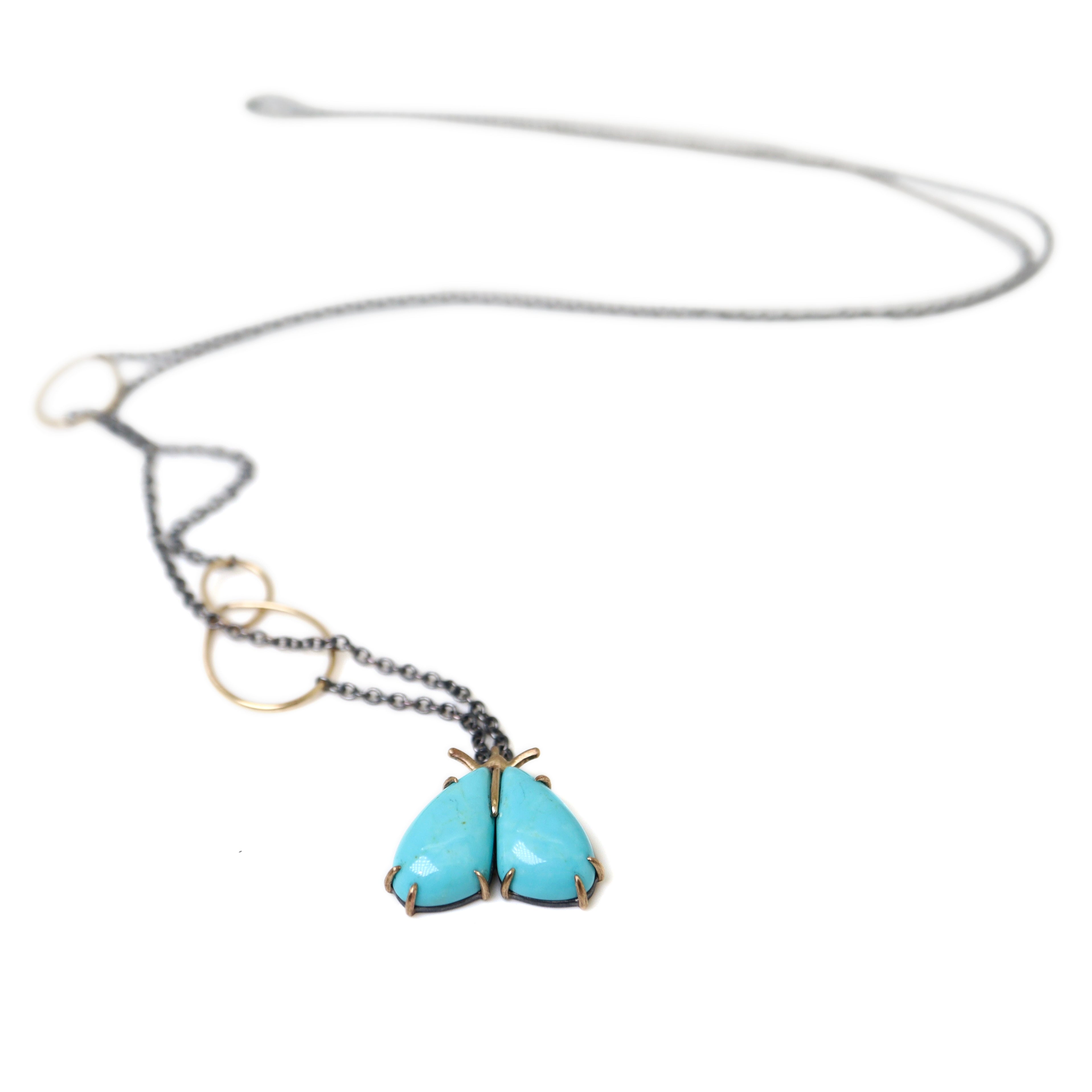 kingman turquoise longtail moth necklace with prongs by hannah blount jewelry