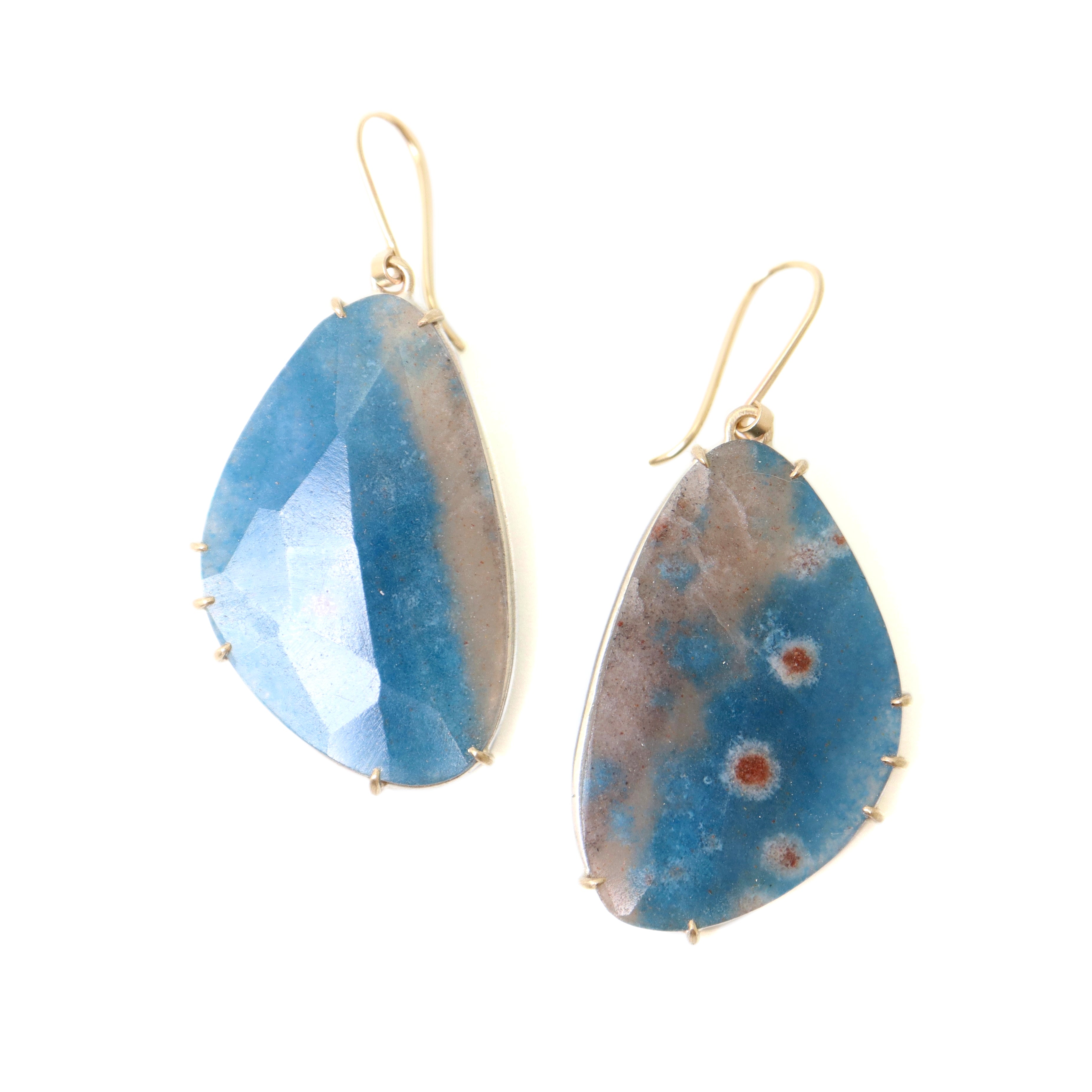 Blue pansy butterfly paraiba in quartz earrings with prongs by hannah blount jewelry