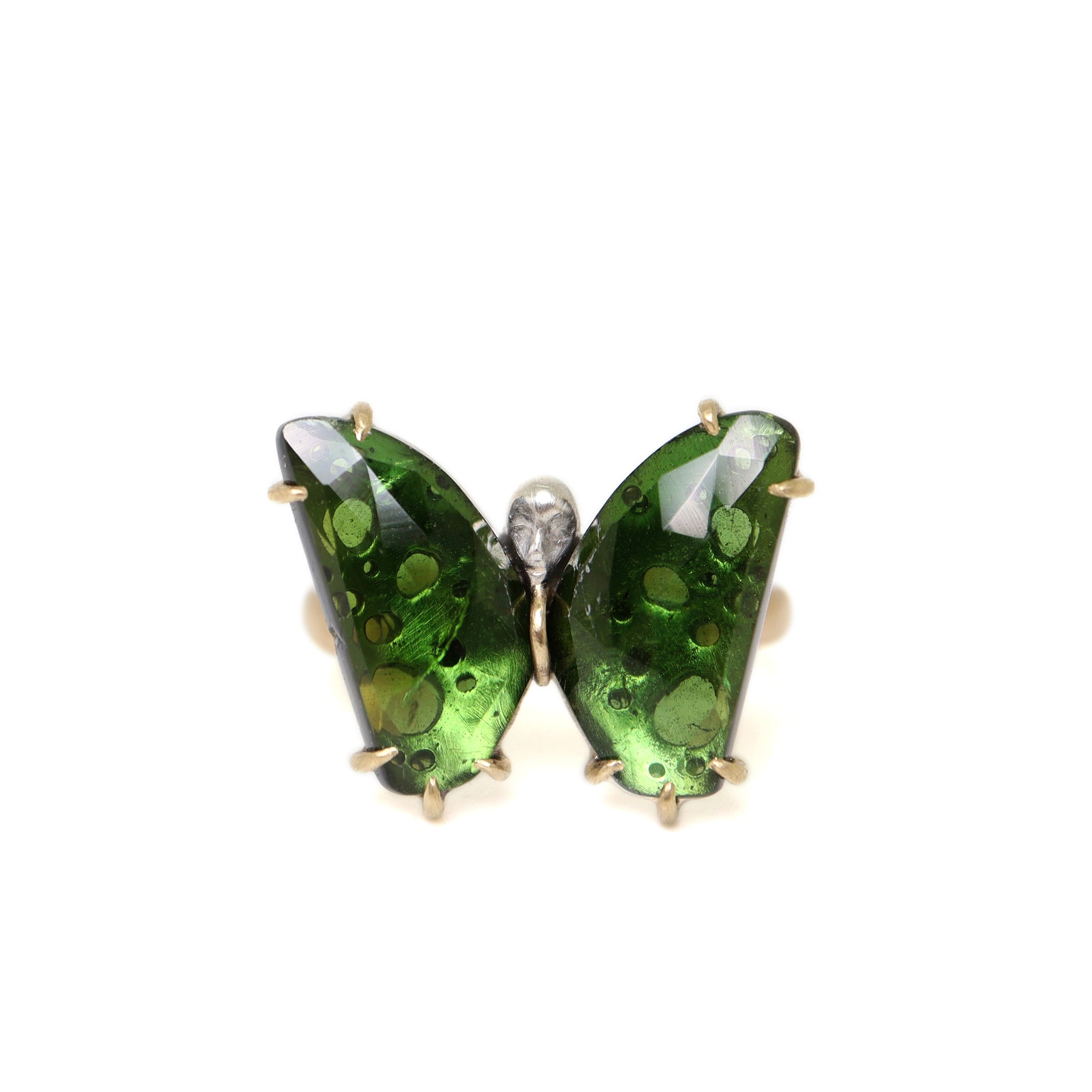 Green Tourmaline Psyche Butterfly Cameo face ring by hannah blount jewelry