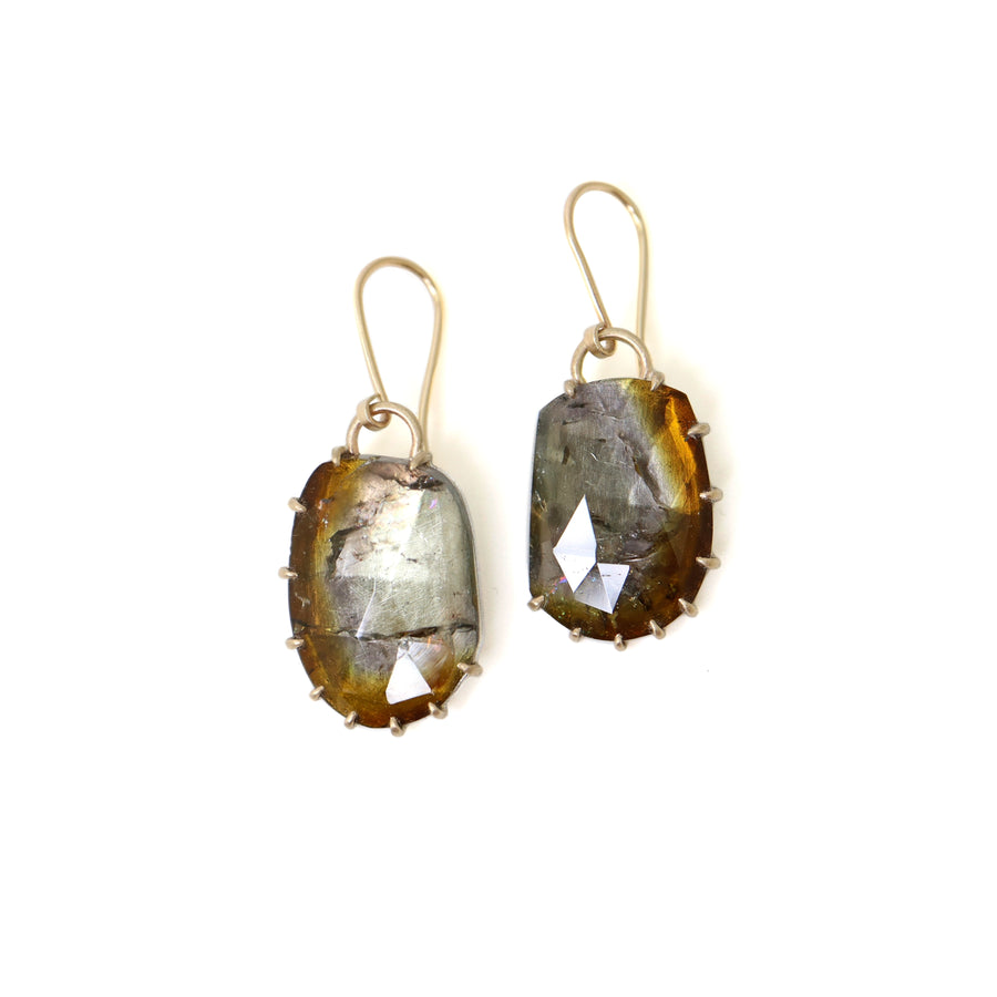whiskey tourmaline chrysalis earrings with prongs by hannah blount jewelry
