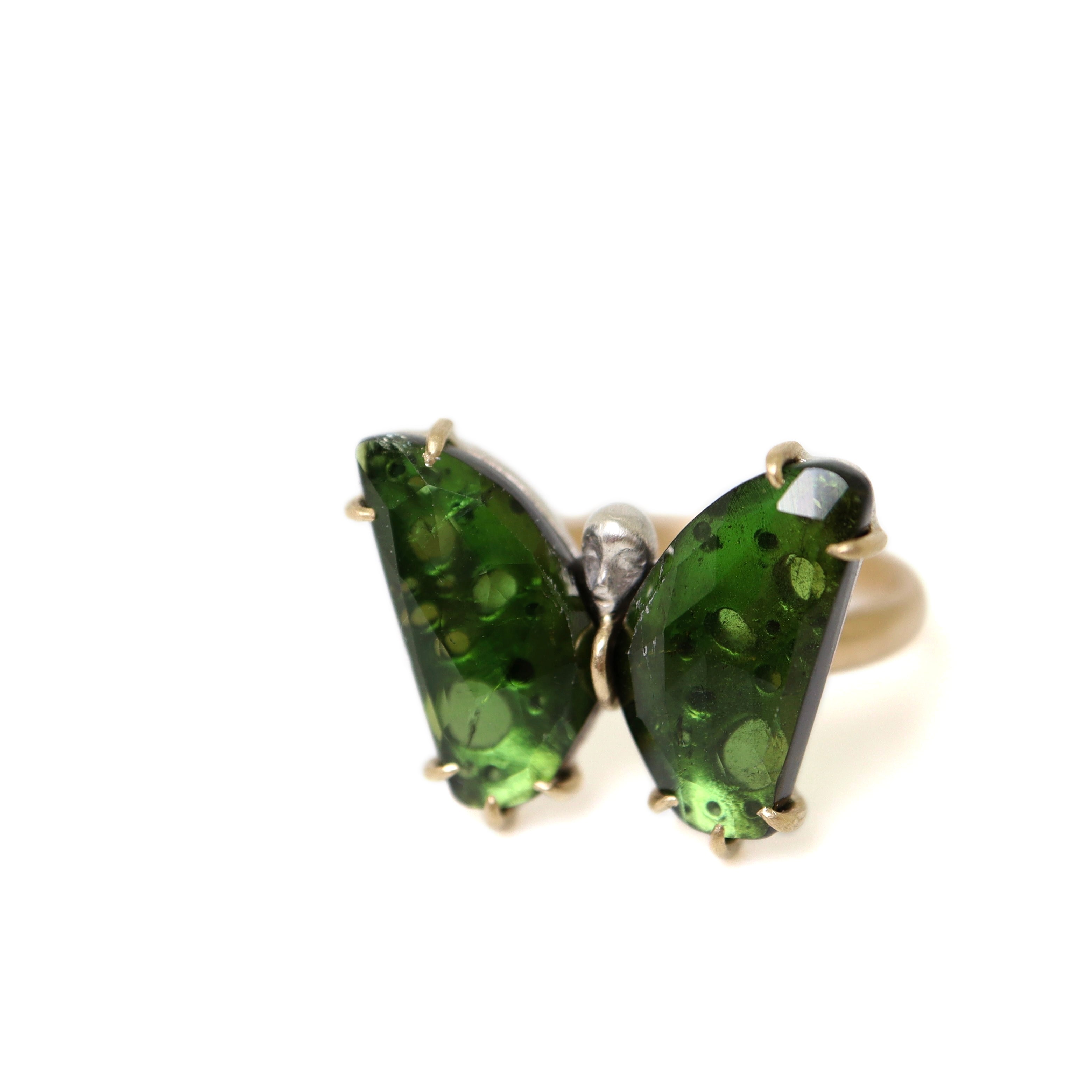 Green Tourmaline Psyche Butterfly Cameo face ring by hannah blount jewelry