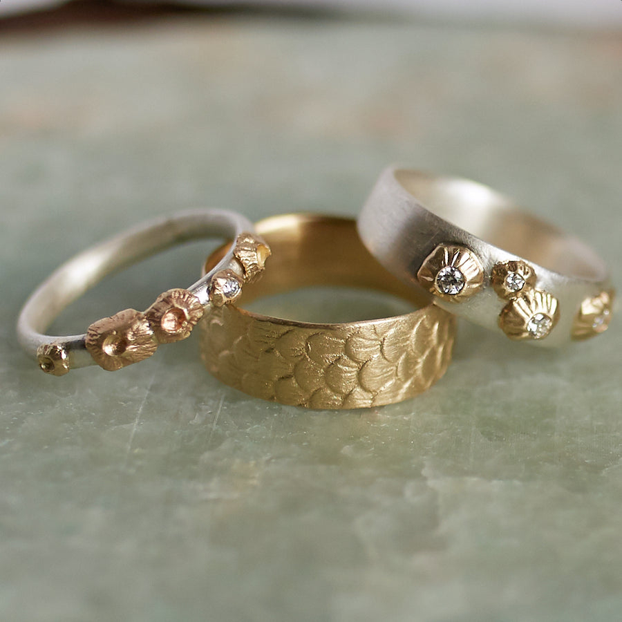 Barnacle and fish scale rings - silver and gold - Hannah Blount