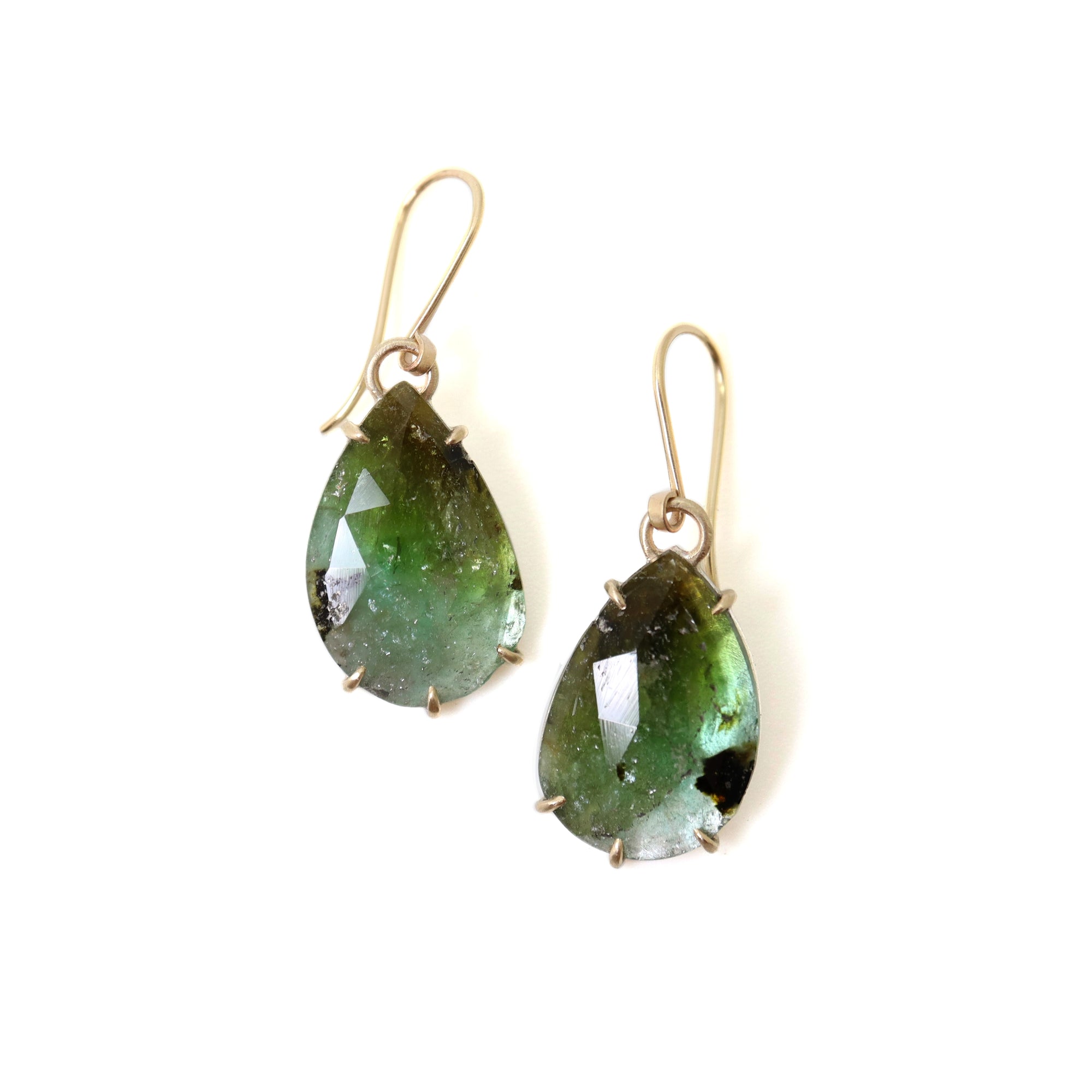green lacewings tourmaline earrings with prongs by hannah blount jewelry