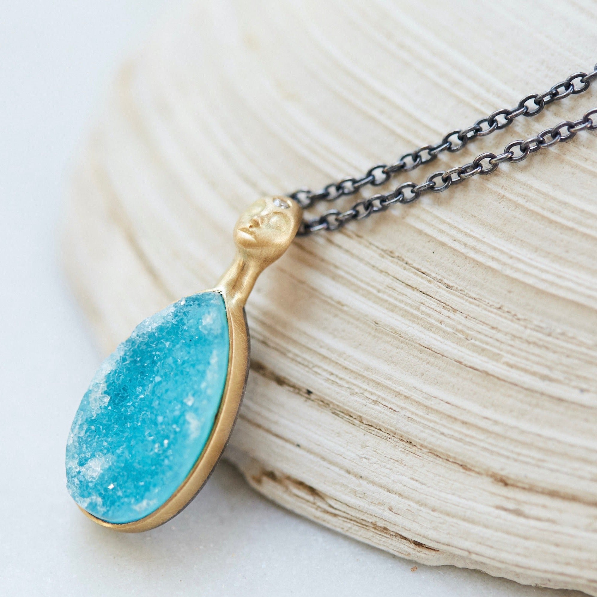 Juturna Drusy and Diamond Chrysocolla Cameo Necklace-Hannah Blount Jewelry