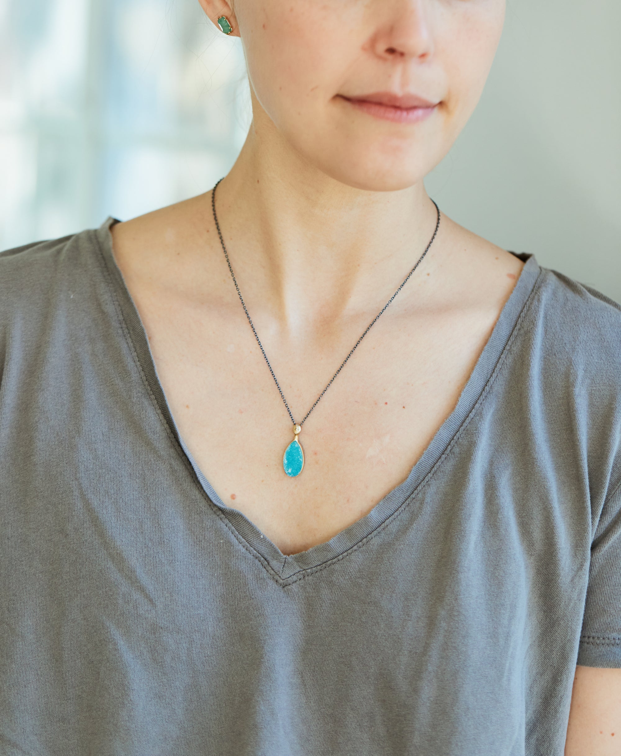 Juturna Drusy and Diamond Chrysocolla Cameo Necklace-Hannah Blount Jewelry