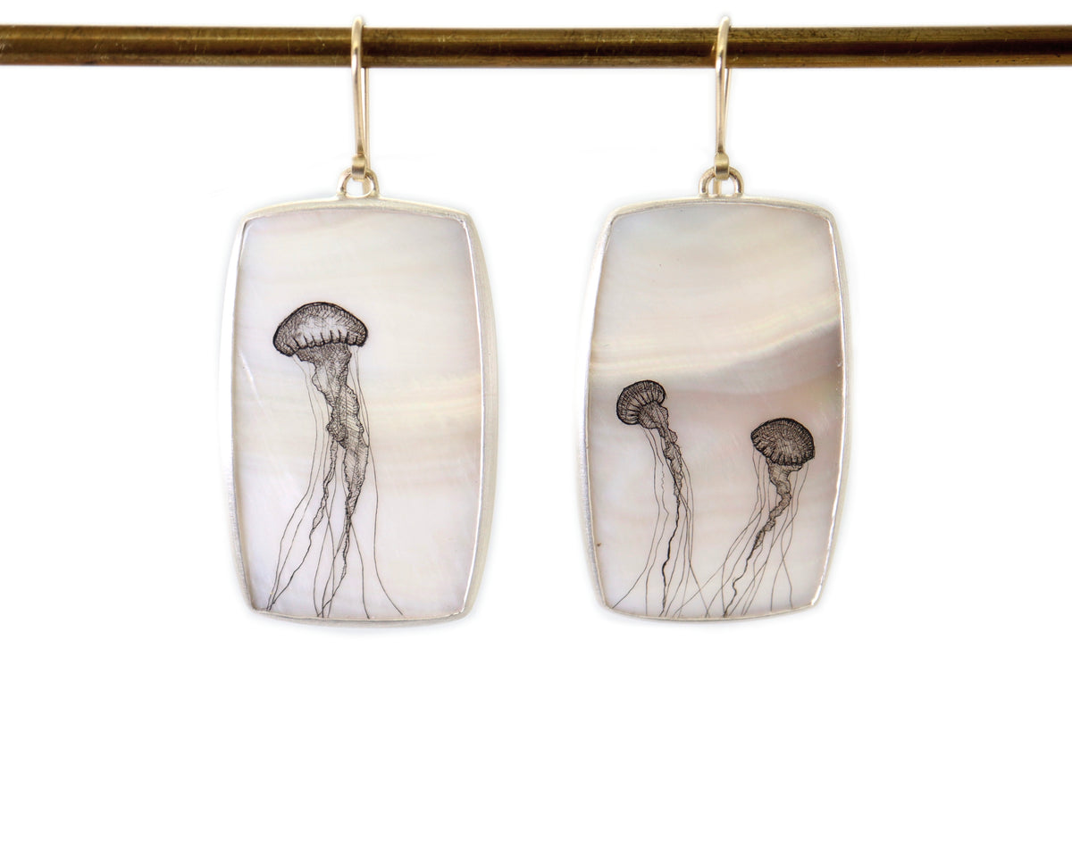 Sea Nettle Mother of Pearl Scrimshaw Earrings-Hannah Blount Jewelry