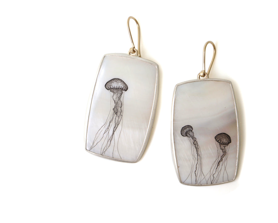 Sea Nettle Mother of Pearl Scrimshaw Earrings-Hannah Blount Jewelry