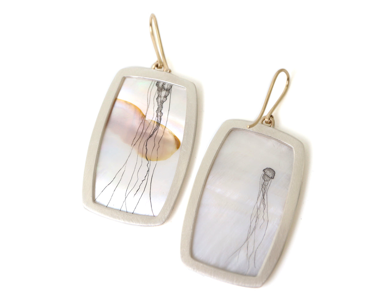 Sea Nettle Mother of Pearl Scrimshaw Earrings-Hannah Blount Jewelry