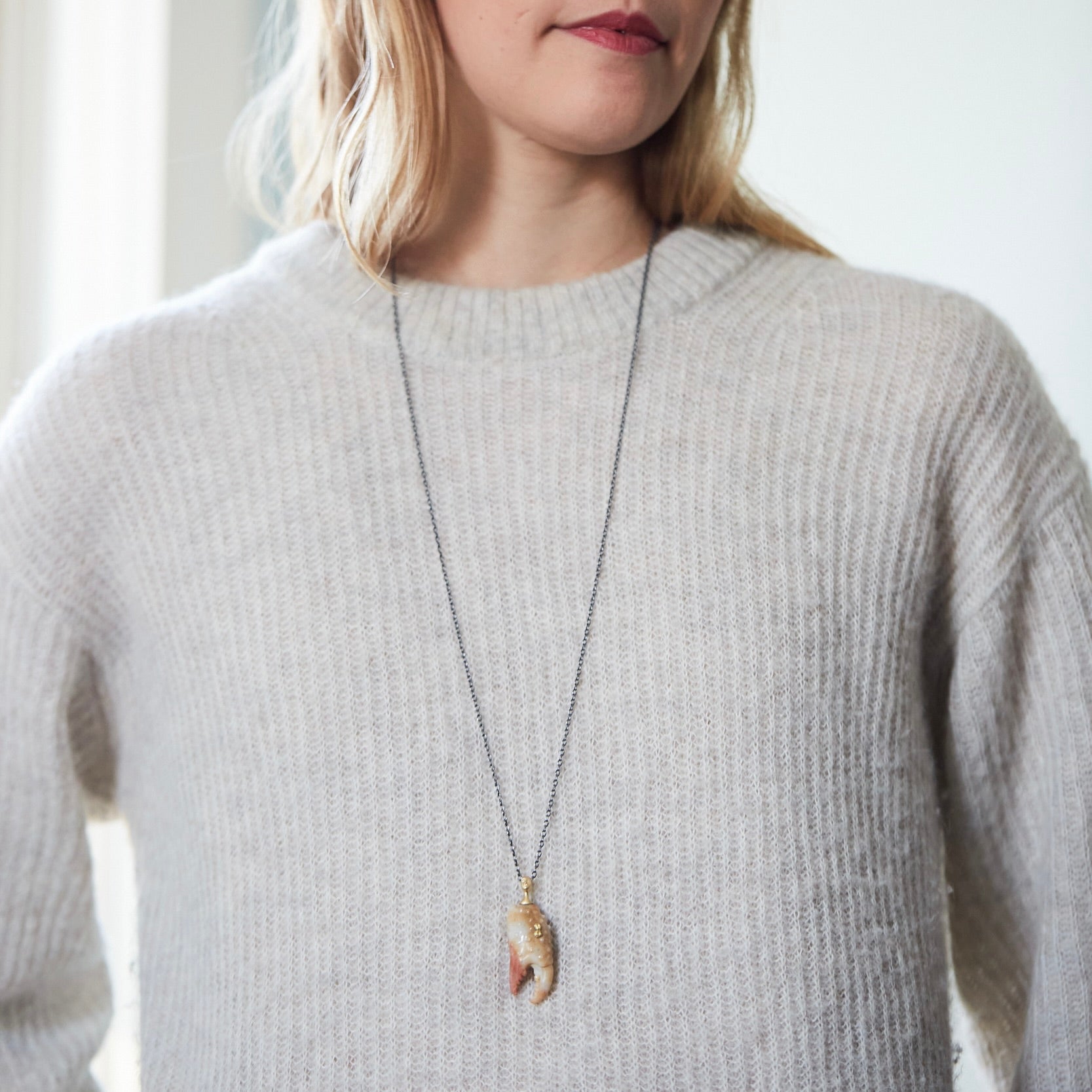 Karkinos Carved Chalcedony Cameo Necklace with Barnacles