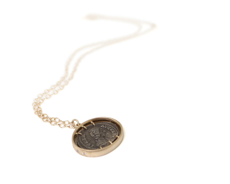 Ancient Empress Julia Domna + Felicitas Coin Vanity Necklace with Diamonds-Hannah Blount Jewelry