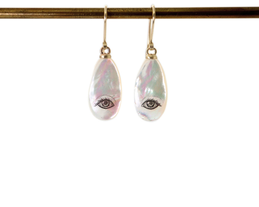 Small Lover's Eye Mother of Pearl Scrimshaw Earrings-Hannah Blount Jewelry