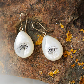 Mother of Pearl Lover's Eye Flare Scrimshaw Earrings-Hannah Blount Jewelry
