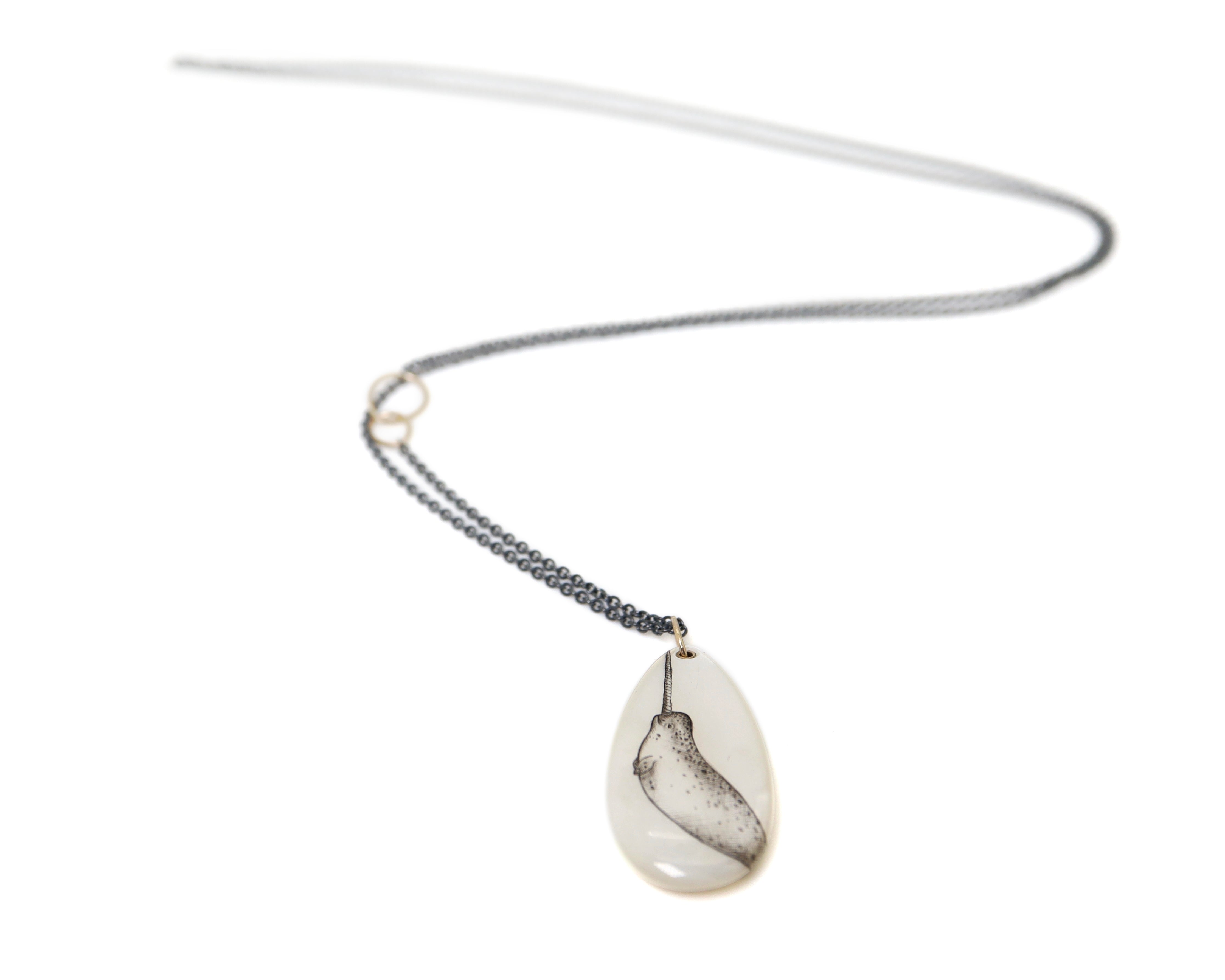 Mother of Pearl Narwhal Scrimshaw Necklace-Hannah Blount Jewelry