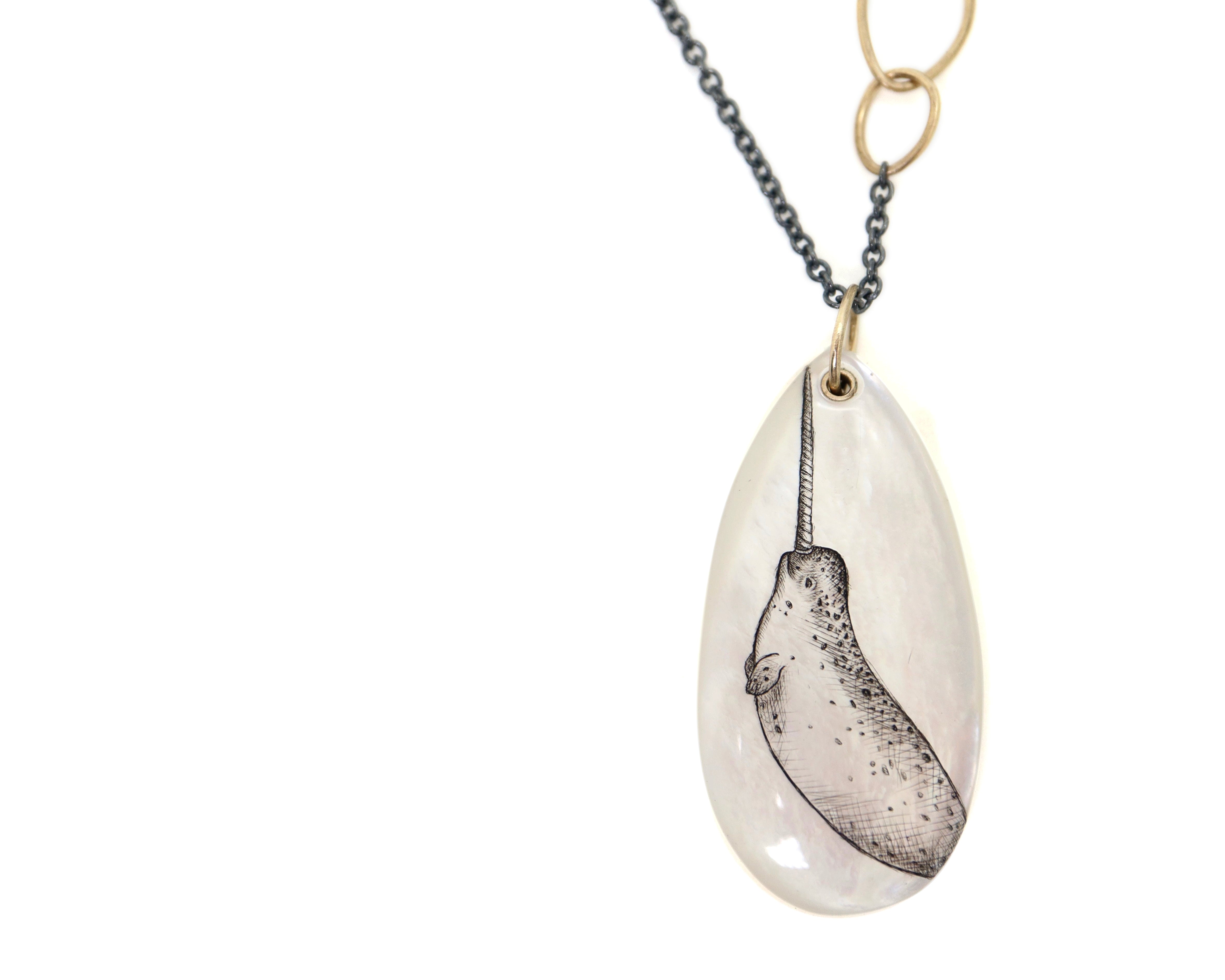 Mother of Pearl Narwhal Scrimshaw Necklace-Hannah Blount Jewelry
