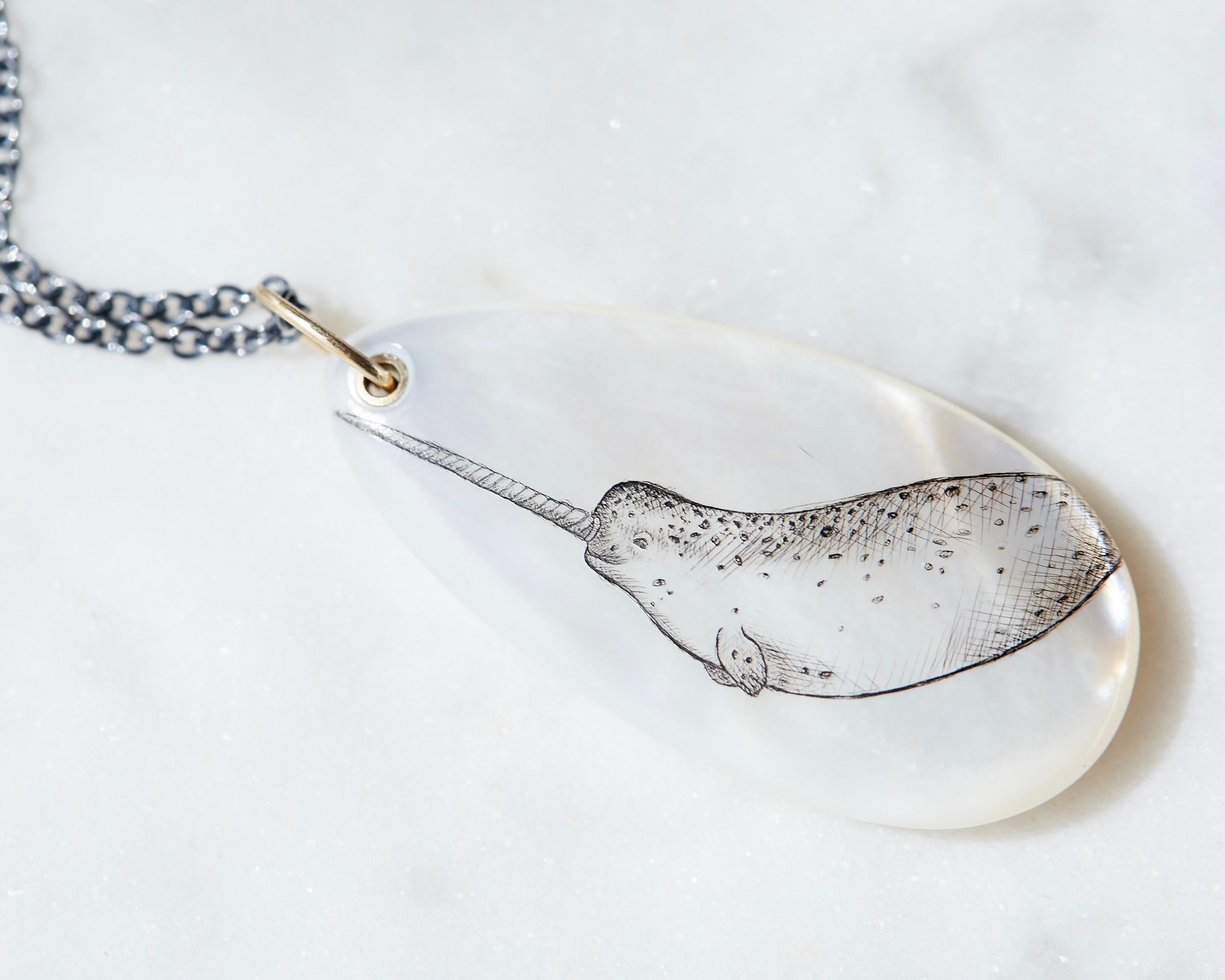 Mother of Pearl Narwhal Scrimshaw Necklace-Hannah Blount Jewelry